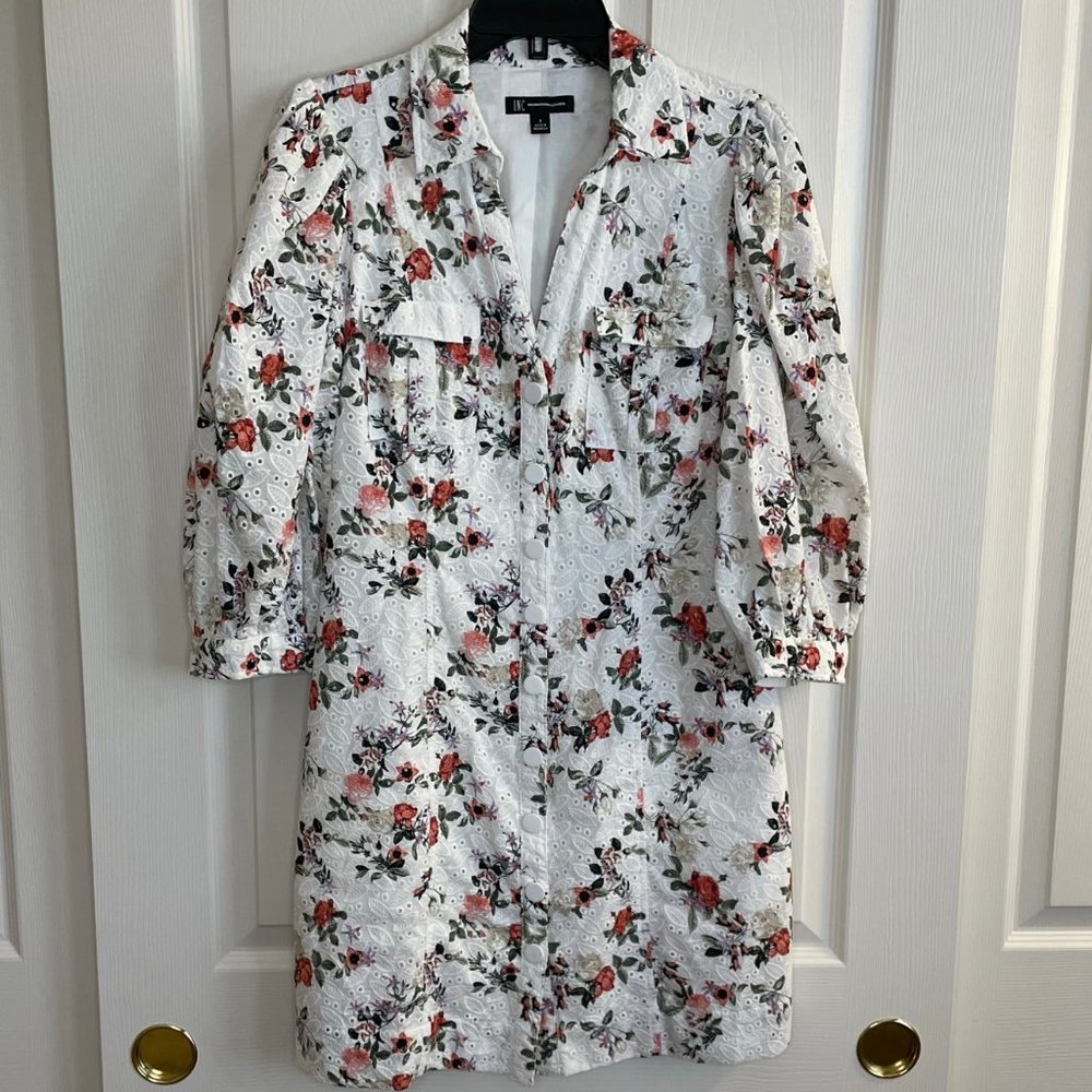 White Flower Print Dress Knee Length Size 8 Cotton Eyelet, Lined